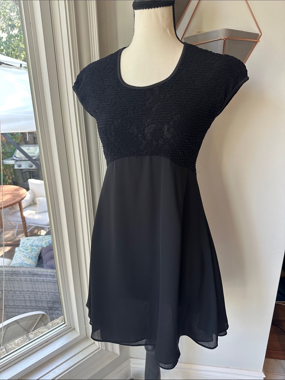 VINTAGE Y2K 90s Black Lace-Top Chiffon Babydoll Mini Dress Fit And Flare Small